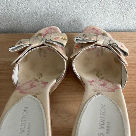 LOUIS VUITTON sz 38 8 White Multicolor Satin Wooden Heels Murakami - Picture 7 of 14